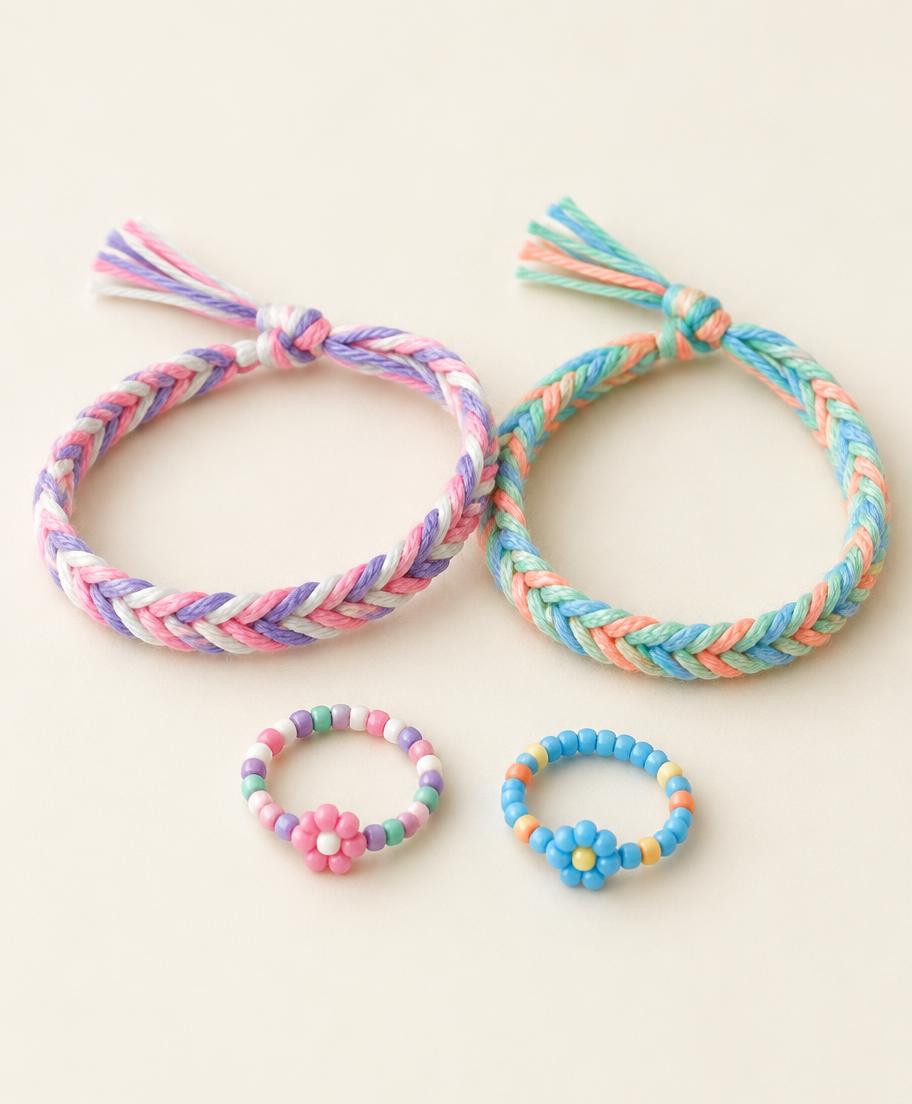 Two handmade fishtail bracelets and two colorful beaded rings
