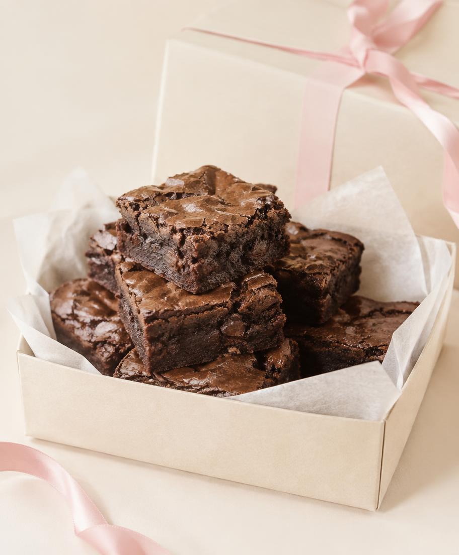 Stack of fudgy brownies in a cream gift box with a pink ribbon