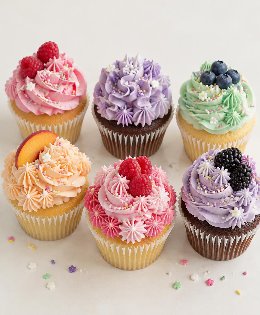 Six celebration cupcakes with colorful piped frosting and sprinkles
