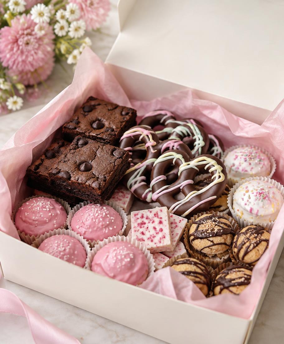 Gift box of assorted brownies, pretzels and sweets in pink tissue